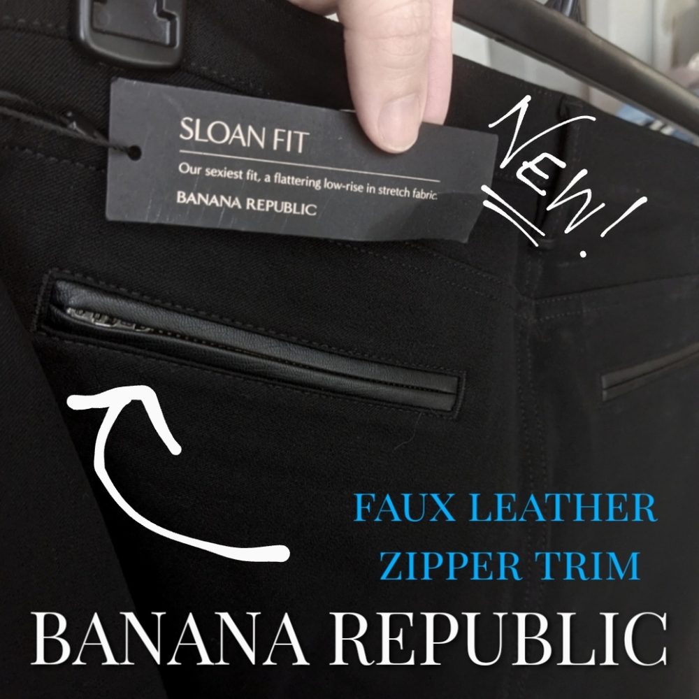 NWT Leather TRIM (Faux) Banana Republic Black Stretch Trousers